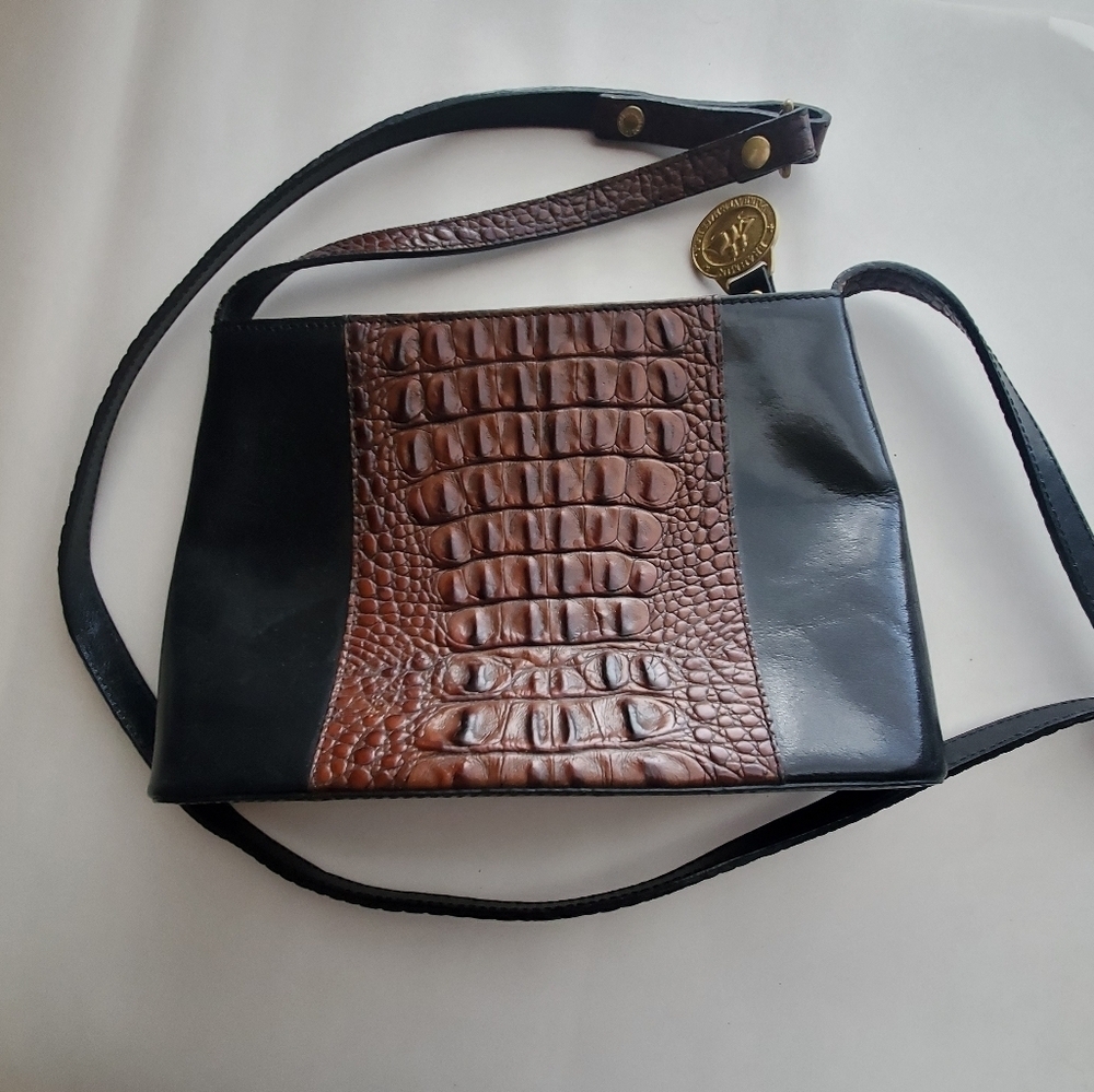 Brahmin Erica Black Tuscan Leather Croc Crossbody.